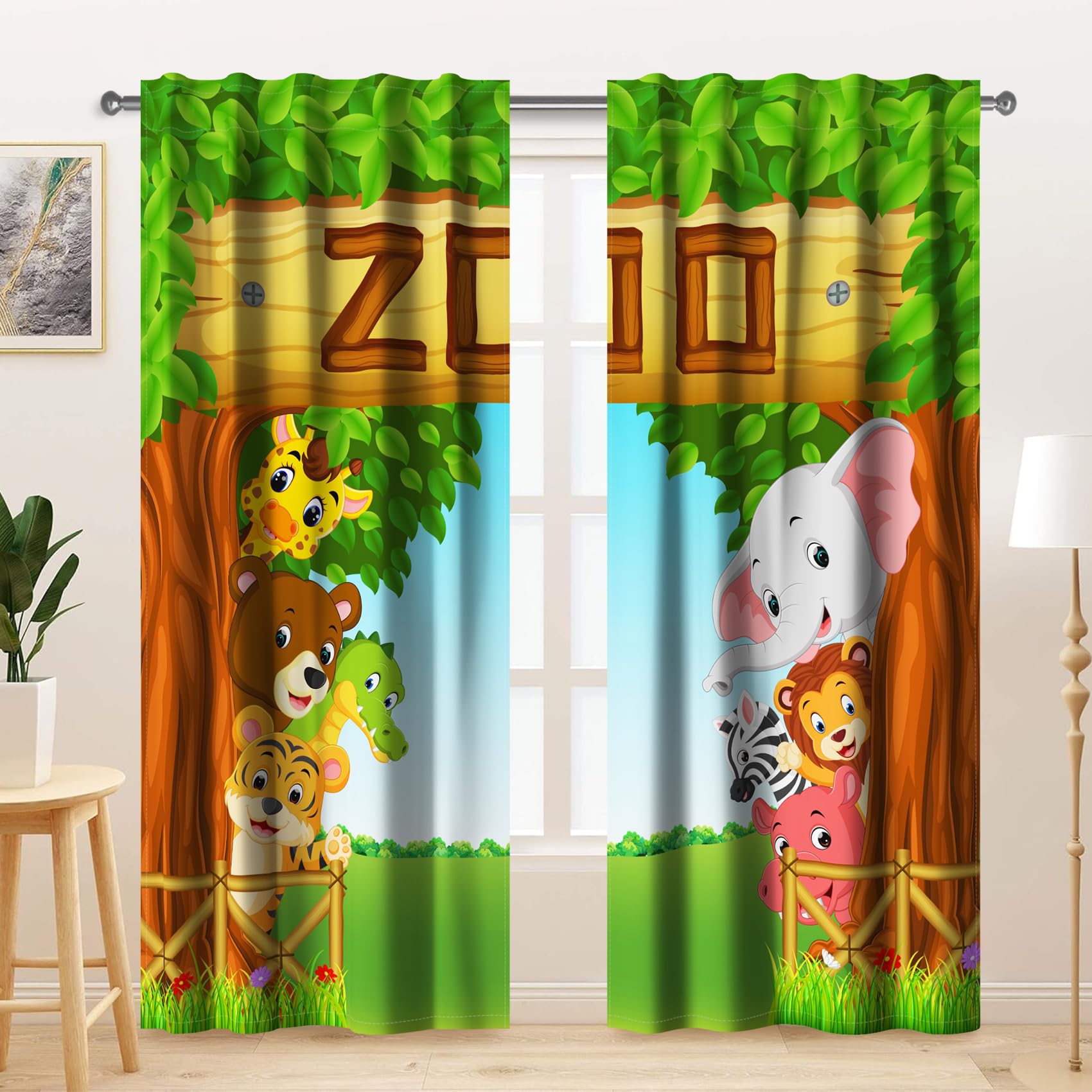 Kzzfqxb 107x215cm Kids Curtains 2 Panels, Green Jungle Forest Safari Animals Elephant Lion Giraffe Zoo Window Drapes, Cute Cartoon Decor for Children Boys Girls Bedroom Nursery Living Room โ image 1