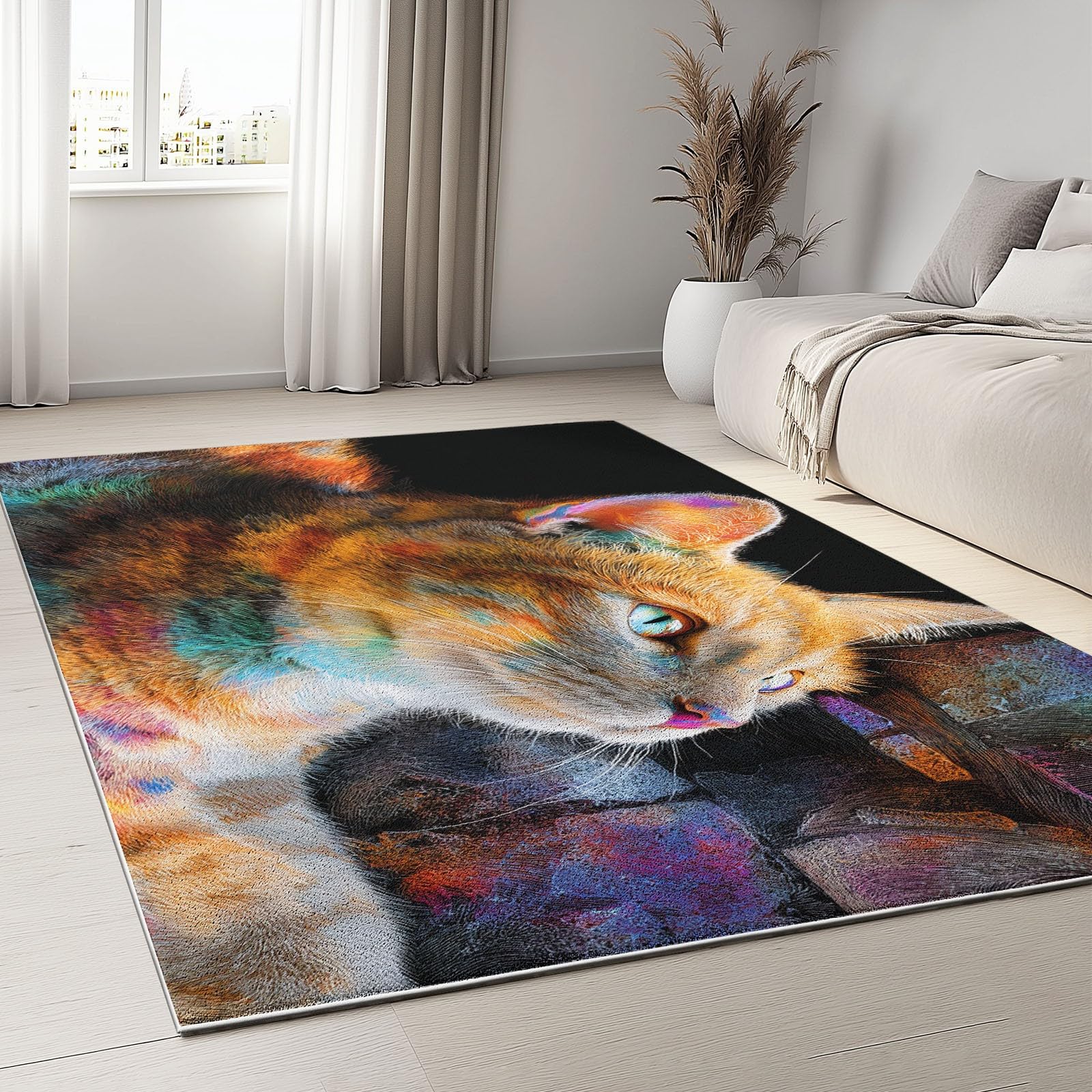 Generico Dywan do przedpokoju z antypoślizgowej sztucznej wełny TPR, dywany dla kotów żywe kolory sztuka portret, zmywalny do salonu sypialni pralni 160 x 230 cm wielbłąd