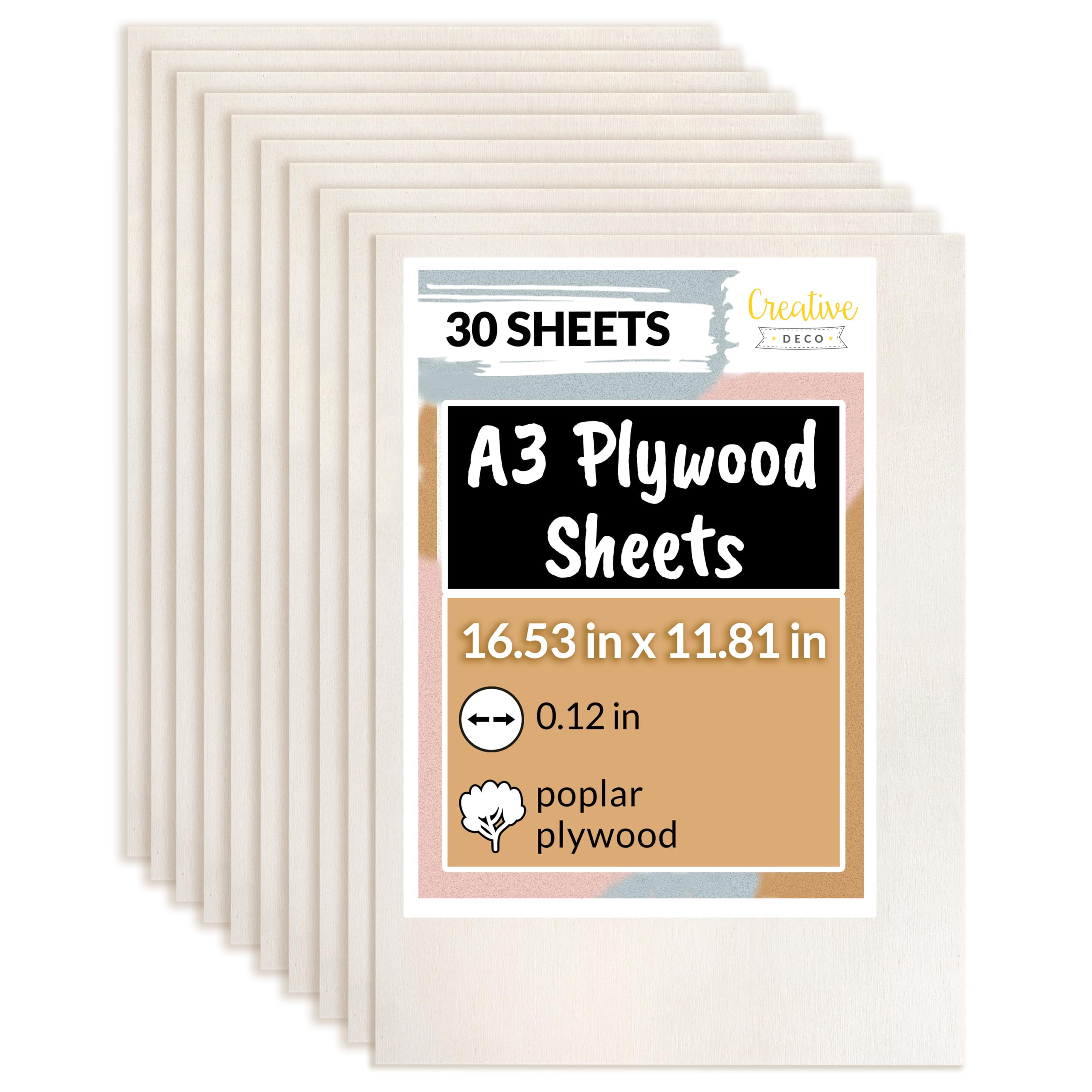 Creative Deco30 x A3 Plywood Sheet | 420x300x3mm | Poplar Wood Floor | Perfect For Home Decoration, Arts & Crafts, Painting, Laser Cut, CNC Machine, Slide Saw, Stencil, Pyrography