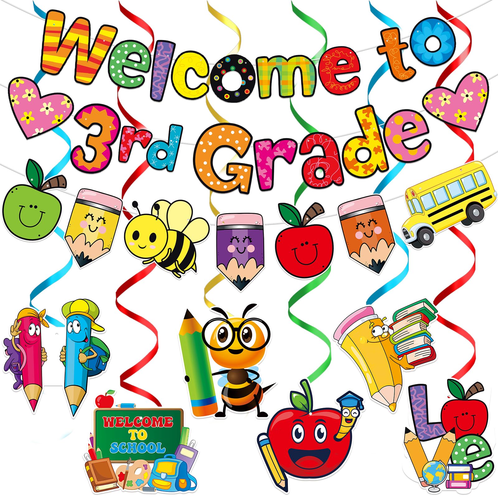 TTDQ Welcome To 3rd Grade Banner First Day of 3rd Grade Decorations Welcome Back to 3rd Grade Banner with Hanging Decorations Back to School Decorations 3rd Grade Classroom Decorations