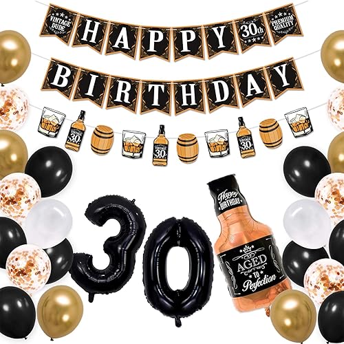 Sinasasspel Decoraciones de whisky de cumpleaños número 30, dorado y negro, envejecido a la perfección, pancarta para fiesta de cumpleaños,