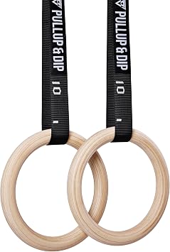 PULLUP & DIP Premium Gymnastic Rings, Wooden Gym Rings for Calisthenics & Crossfit - Wide Straps with Length Markings + Door Anchor + Carry Bag + Exercise Guide, Calisthenics Rings