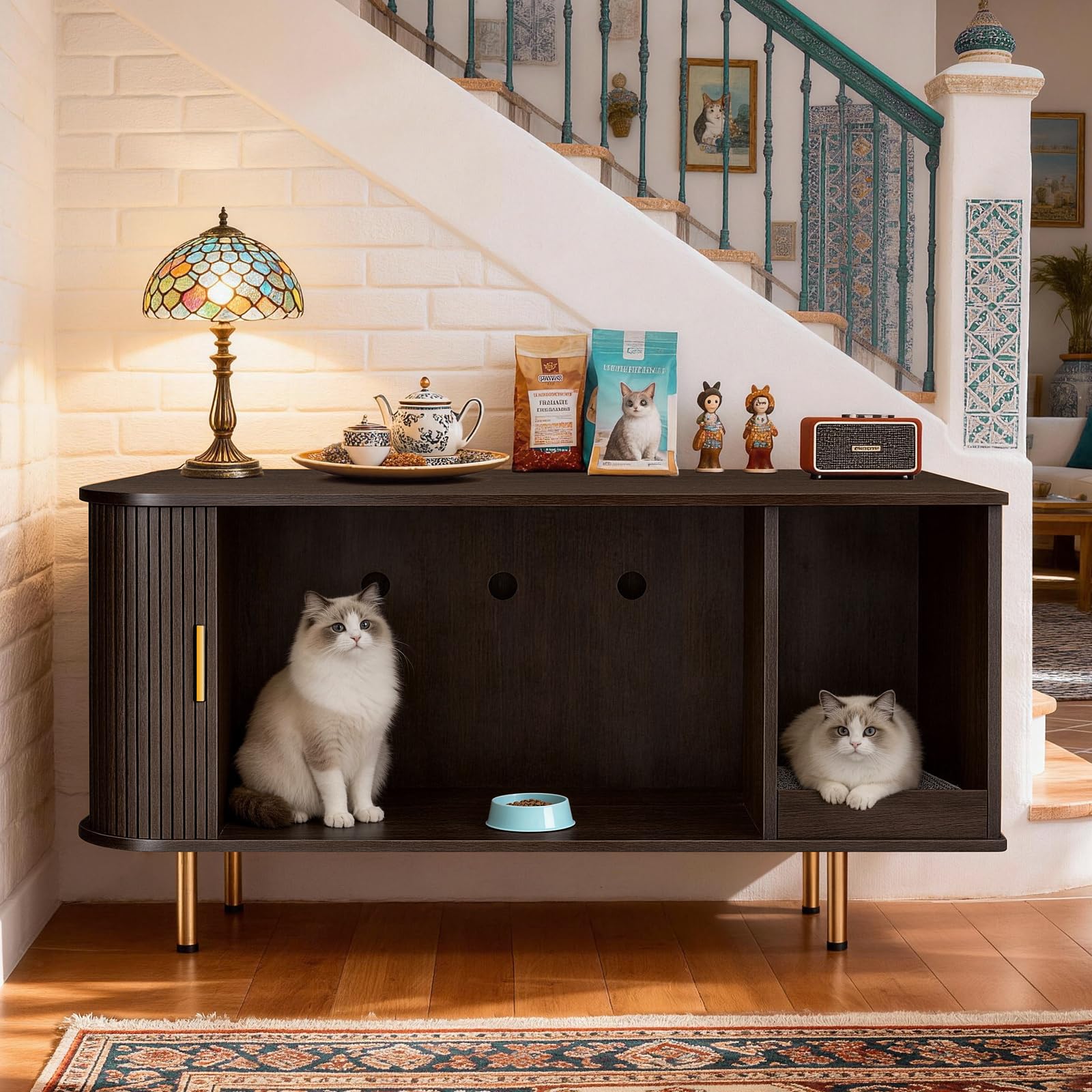 DHH Cat Litter Box Enclosure with Scratch Pad, Sliding Door, 38.5" Cat Litter Furniture Hidden Litter Box Cabinet, Modern Indoor Cat House, TV Stand, Side End Table for Living Room(Coffee Brown)