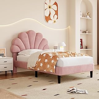 Merax Single bed frame, 3ft Single Upholstered Bed, Adjustable Chic Petal Headboard, Sturdy Wooden Slat Support, Velvet Fabric (No Mattress), Pink+Velvet/90CM*190CM