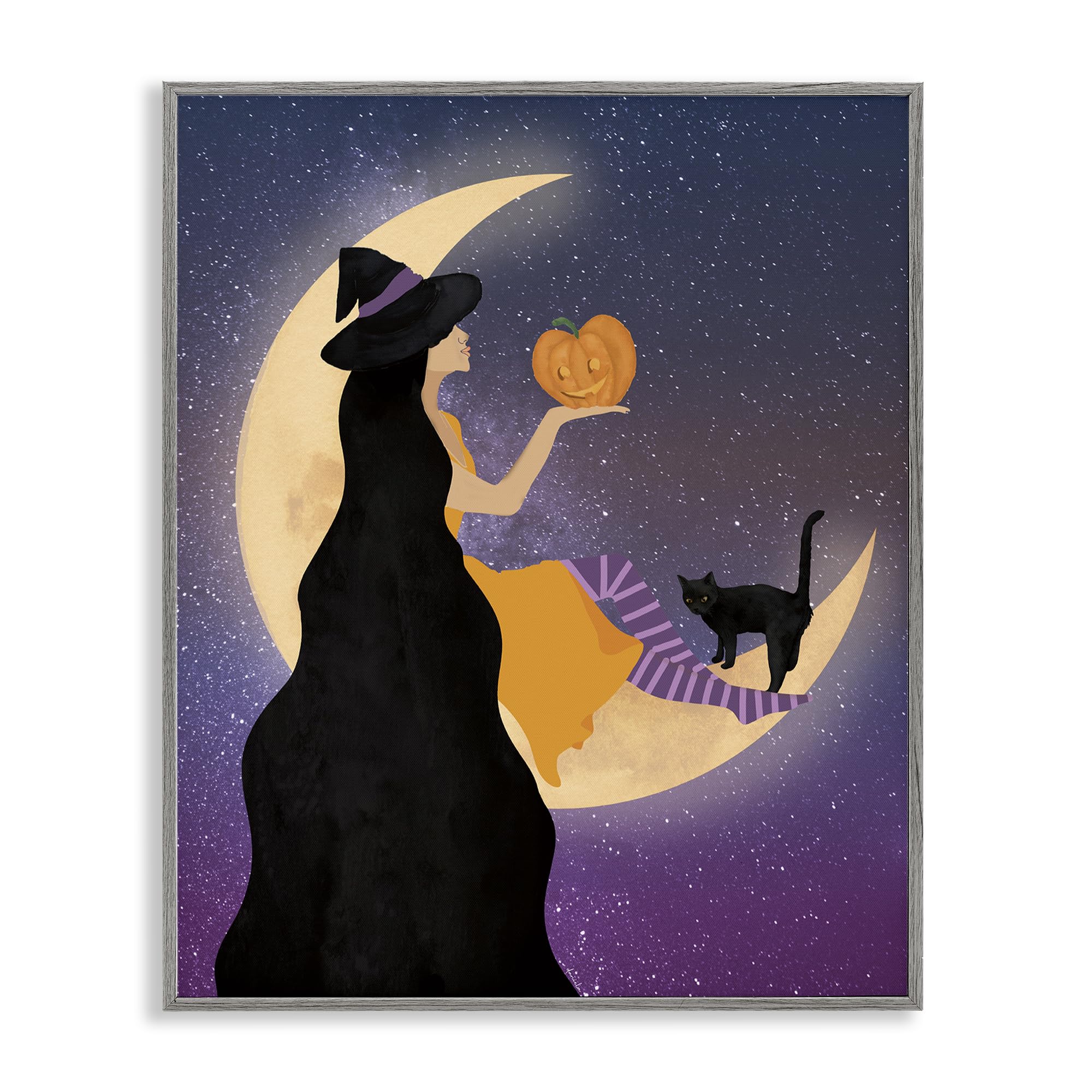 Stupell Industries Farmhouse Gray (Textured) 'Moonlit Witch Holding Jack-O-Lantern', Framed Giclee Art, Gray, 11 X 14 Inches, Easy To Hang And Sturdy, Made In Usa, By Daniela Santiago
