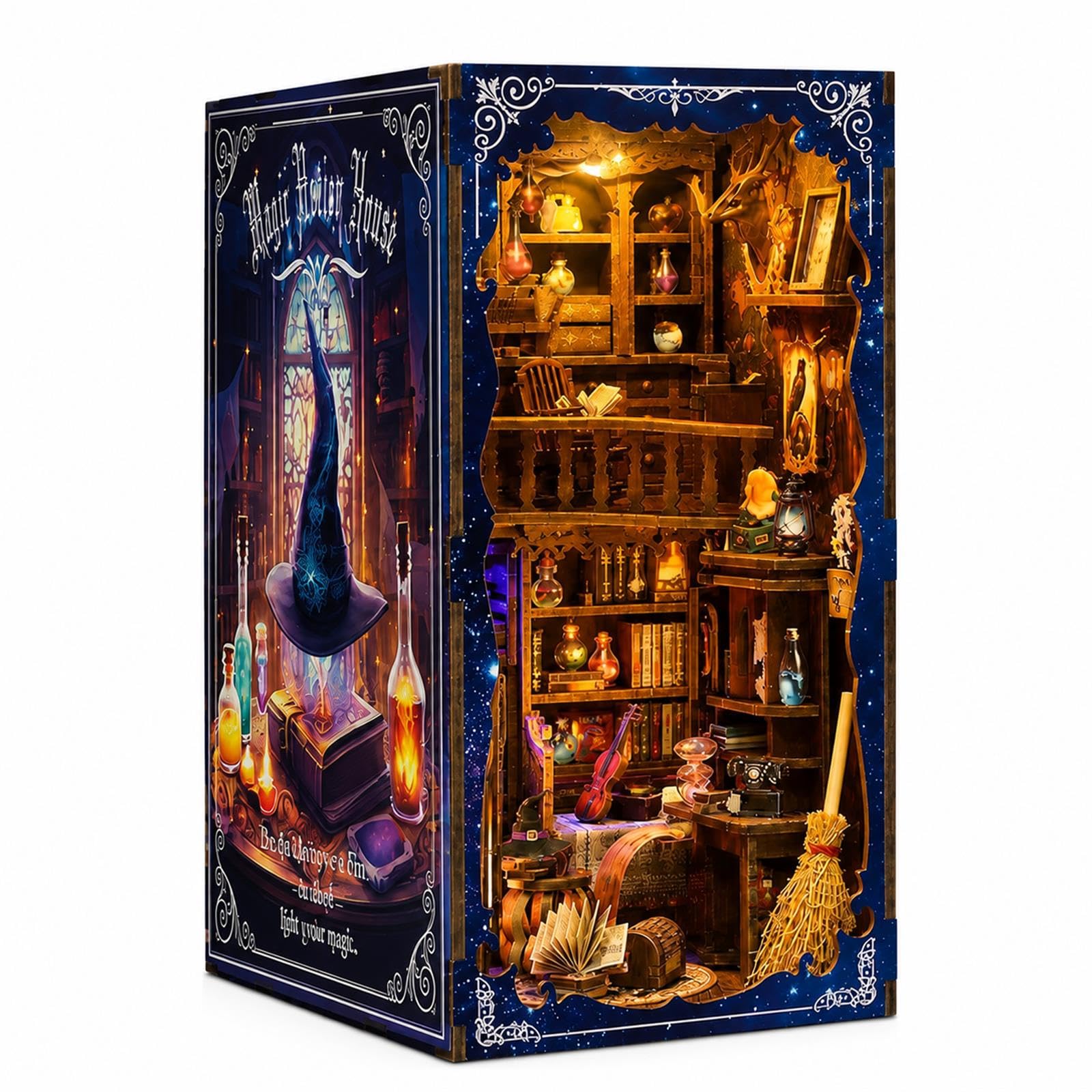 GOOGO Kit Book Nook, casa in miniatura fai da te Book Nook da 334 pezzi con luce LED, puzzle 3D in legno, fermalibri decorativo per libreria, regalo creativo per adulti (Casetta incantata)