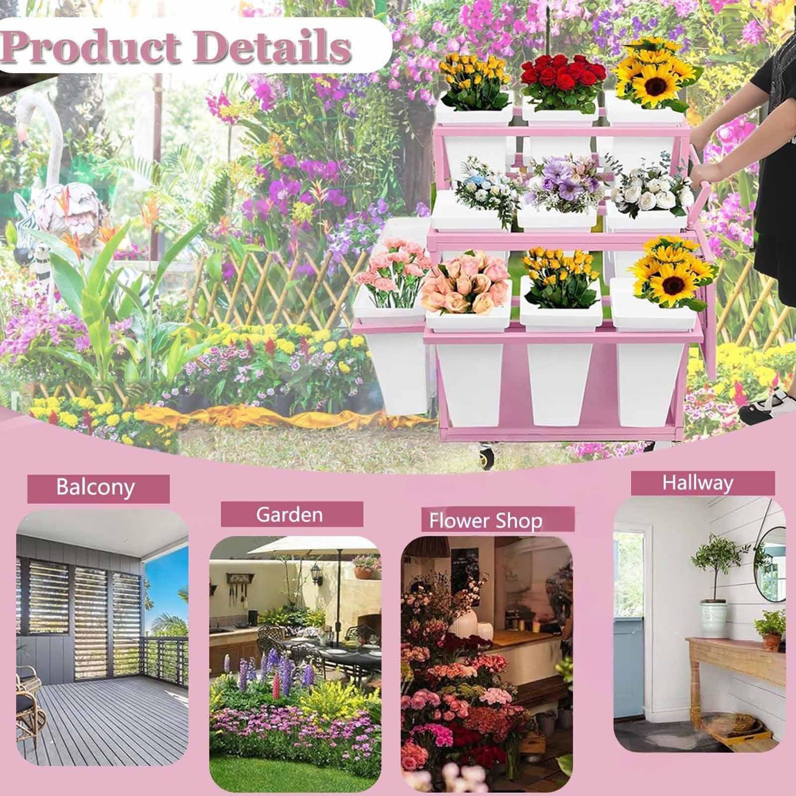 Este Soporte metálico para exhibición de Flores al Aire Libre con Soporte para Flores con 18 Cubos, Soporte para exhibición de Flores con Ruedas, Carrito de Flores para floristería, Patio y