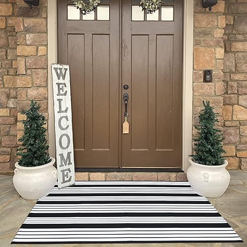 Vista 122 de Alfombra de exterior blanca y negra de 3 x 5 pies, alfombra de algodón tejida a mano, lavable a máquina, para interiores y exteriores, alfombra