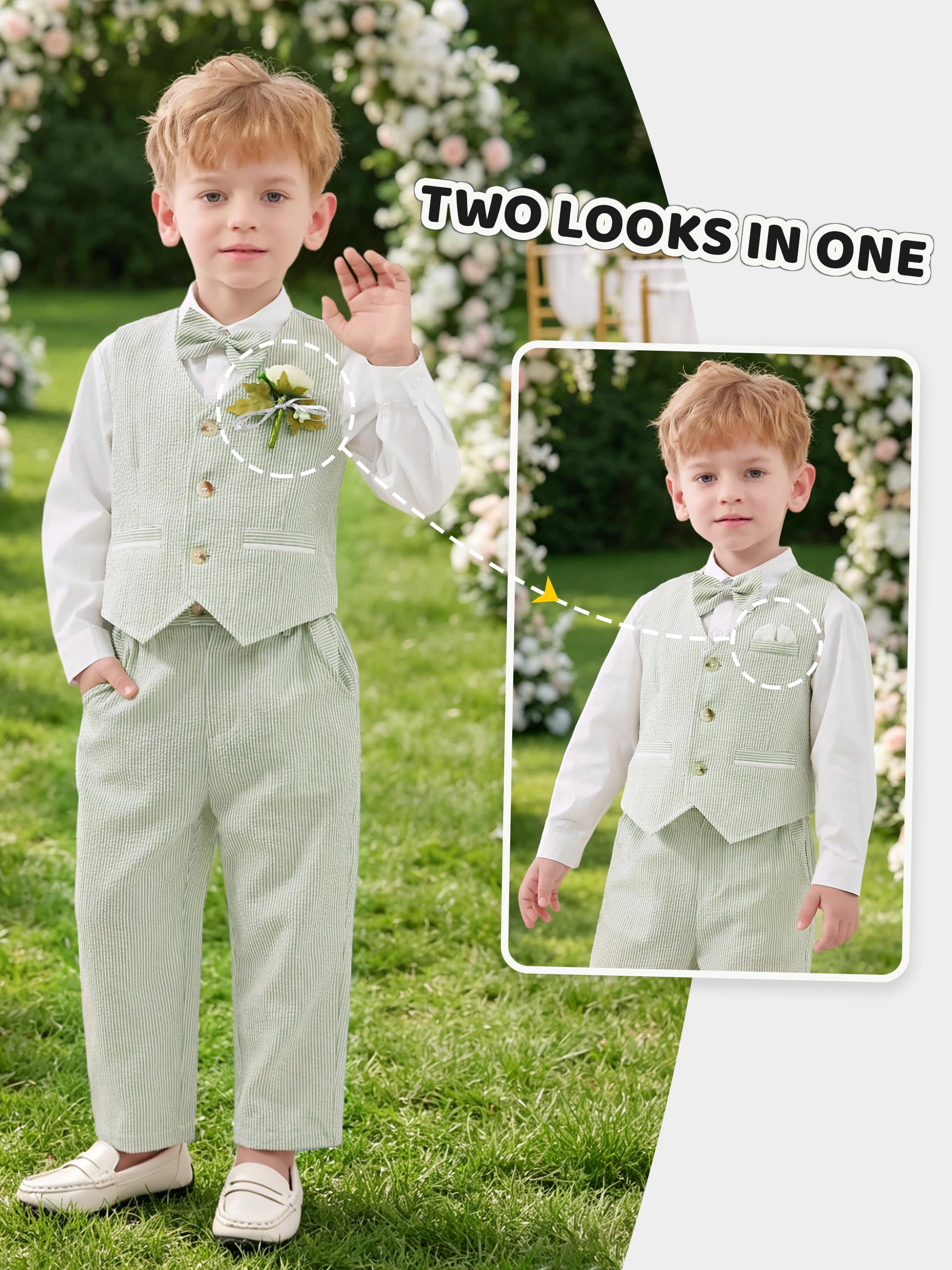 Volunboy Costume Formel Enfant Garçon 5 Pièces, Ensemble de Mariage Bébé avec Gilet, Chemise, Pantalon, Boutonnière et Nœud Papillon