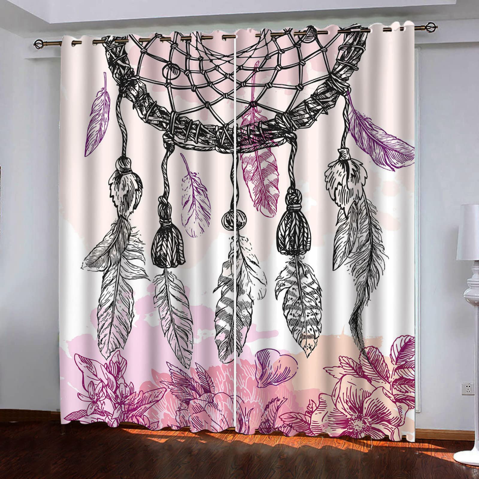 Verdunkelungsvorhänge, superweich, rosa und Traumfänger, für Kinderzimmer, energiesparender Vorhang, solides, langlebiges Polyester, blockierende Ösenbehandlungssets für Kinderzimmer, 2 Bahnen B 117 c