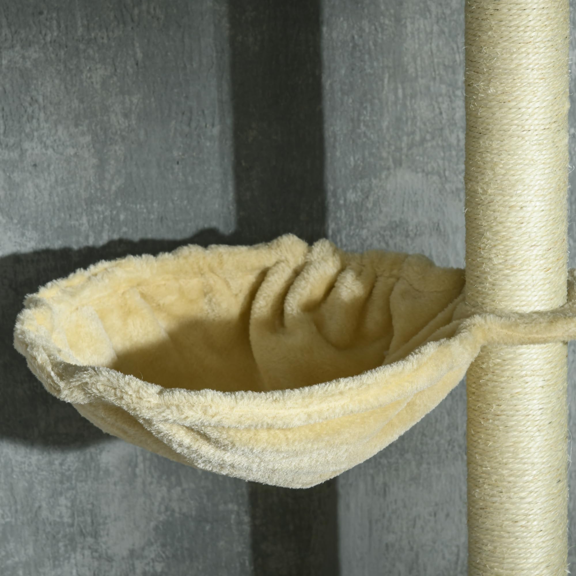 PawHut Árbol para Gatos de Suelo a Techo Altura Ajustable 230-250 cm Beige | Árbol Rascador para Gatos, Múltiples Plataformas, Cestos, Hamaca, Bolas Colgantes