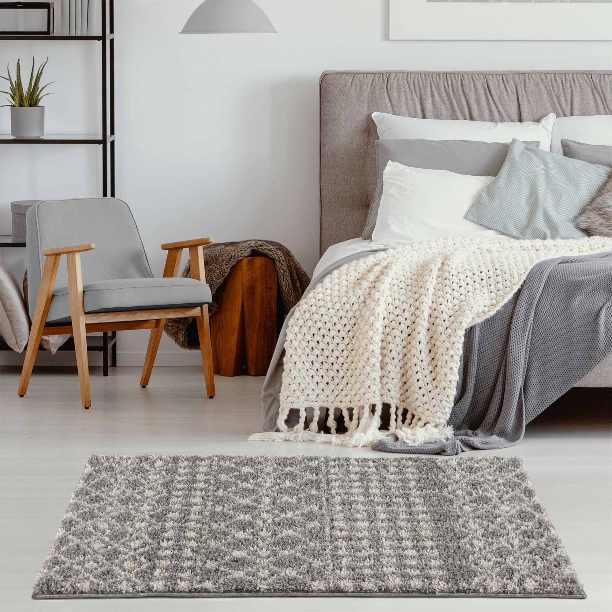 THE RUGS Modern Moroccan Design Living Room and Bedroom Rugs, Non-Shedding & Easy Care (Moroccan Grey/Ivory, 60x110 cm) - Image 4