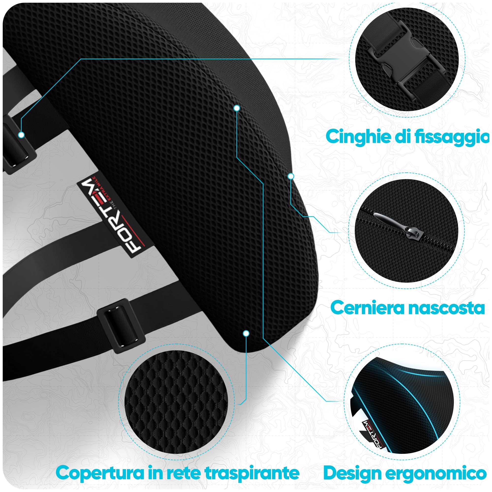 FORTEM Cuscino Lombare Sedia Ufficio, Supporto Lombare Auto, Cuscino Schiena, Schienale Sedia Ufficio Ergonomico in Memory Foam, Fodera Traspirante e Lavabile, Cinghia Regolabile, per Gaming e Lavoro
