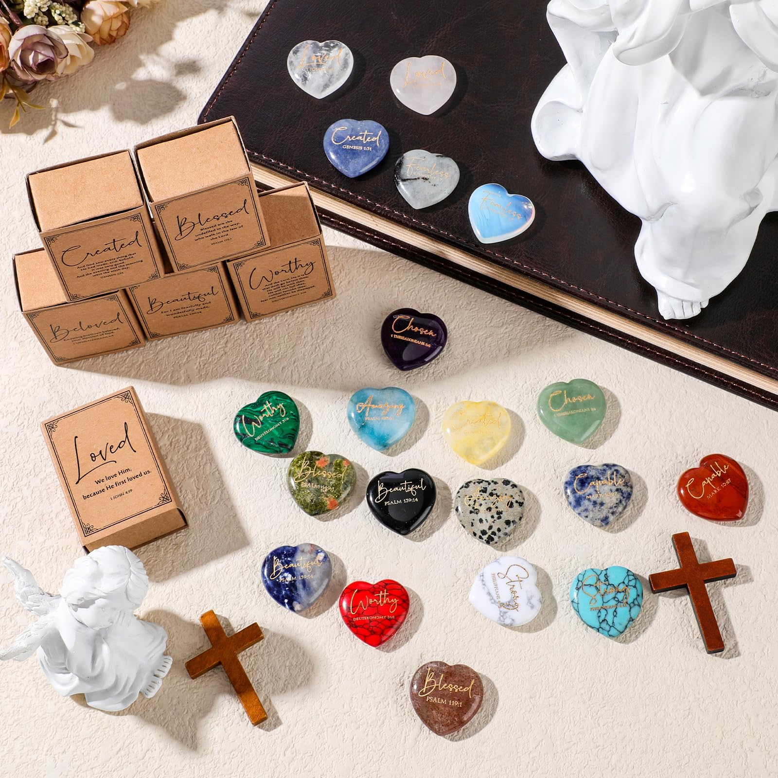 Potchen 20 Set Christian Scripture Gifts for Women Natural Heart Crystal Stone Engraved Bible Verse with Scripture Match Storage Box Raffia Church Religious VBS Inspirational Gift Rocks (Multicolor)
