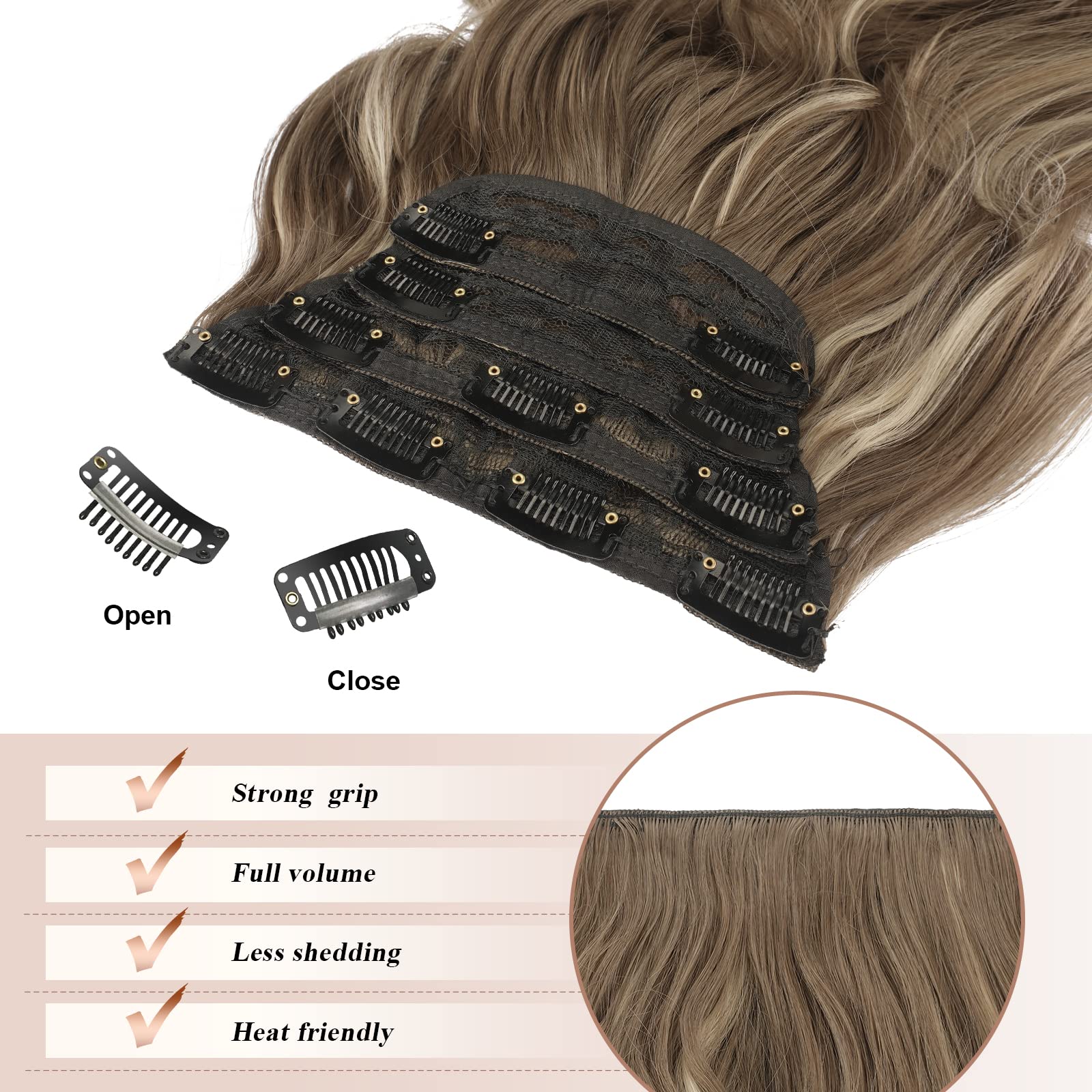 FESHFEN Clip in Hair Extensions 4 PCS Thick Highlight Hairpieces Long Wavy Clip in Hair Piece Full Head Synthetic Hair Extensions for Women 20 Inches Brunette Mixed Ash Blonde - Image 4