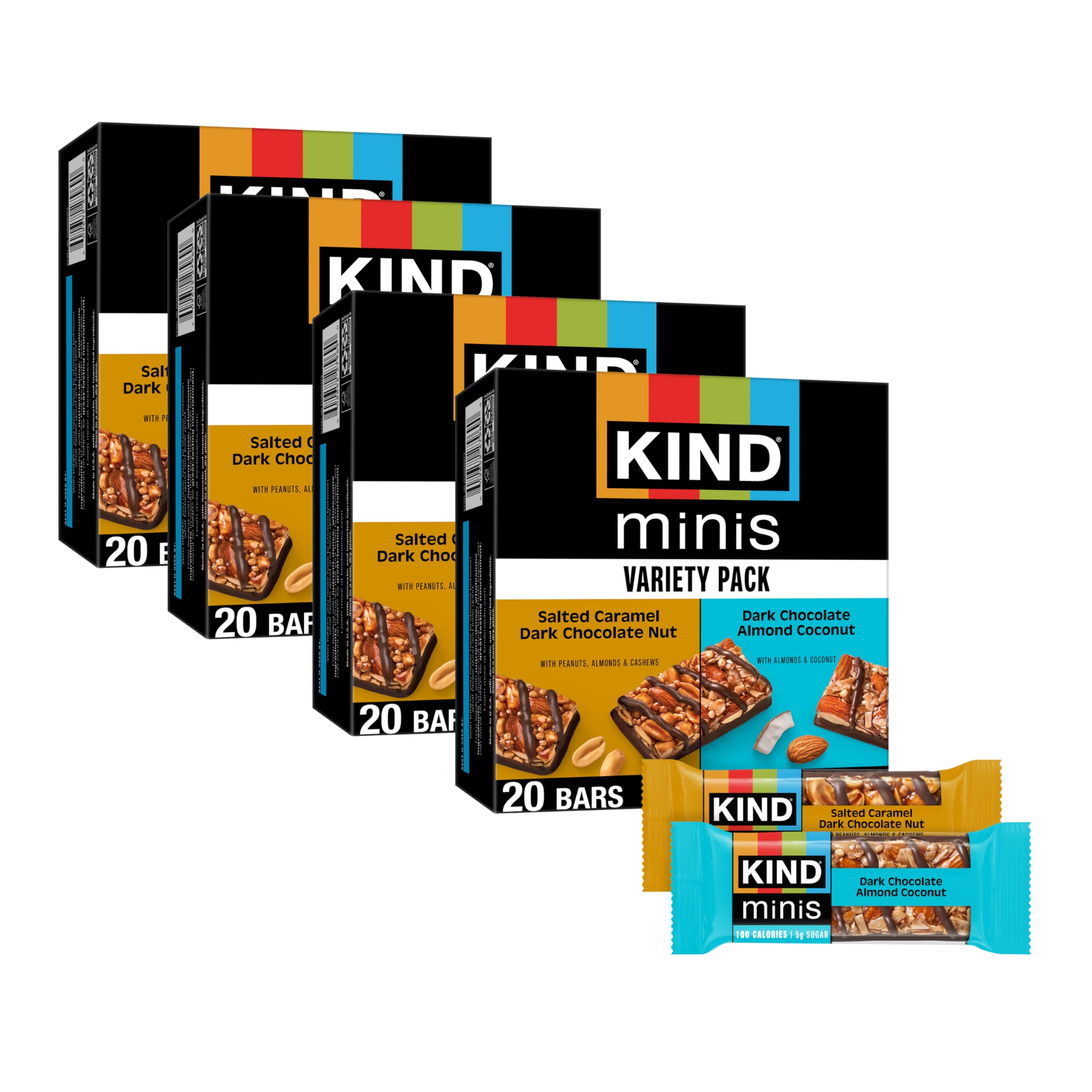 KIND Bar Minis, Salted Caramel Dark Chocolate Nut & Dark Chocolate Mandorle Coconut, confezione variety Pack, senza glutine, 100 calorie, a basso contenuto di zucchero, 80 pezzi