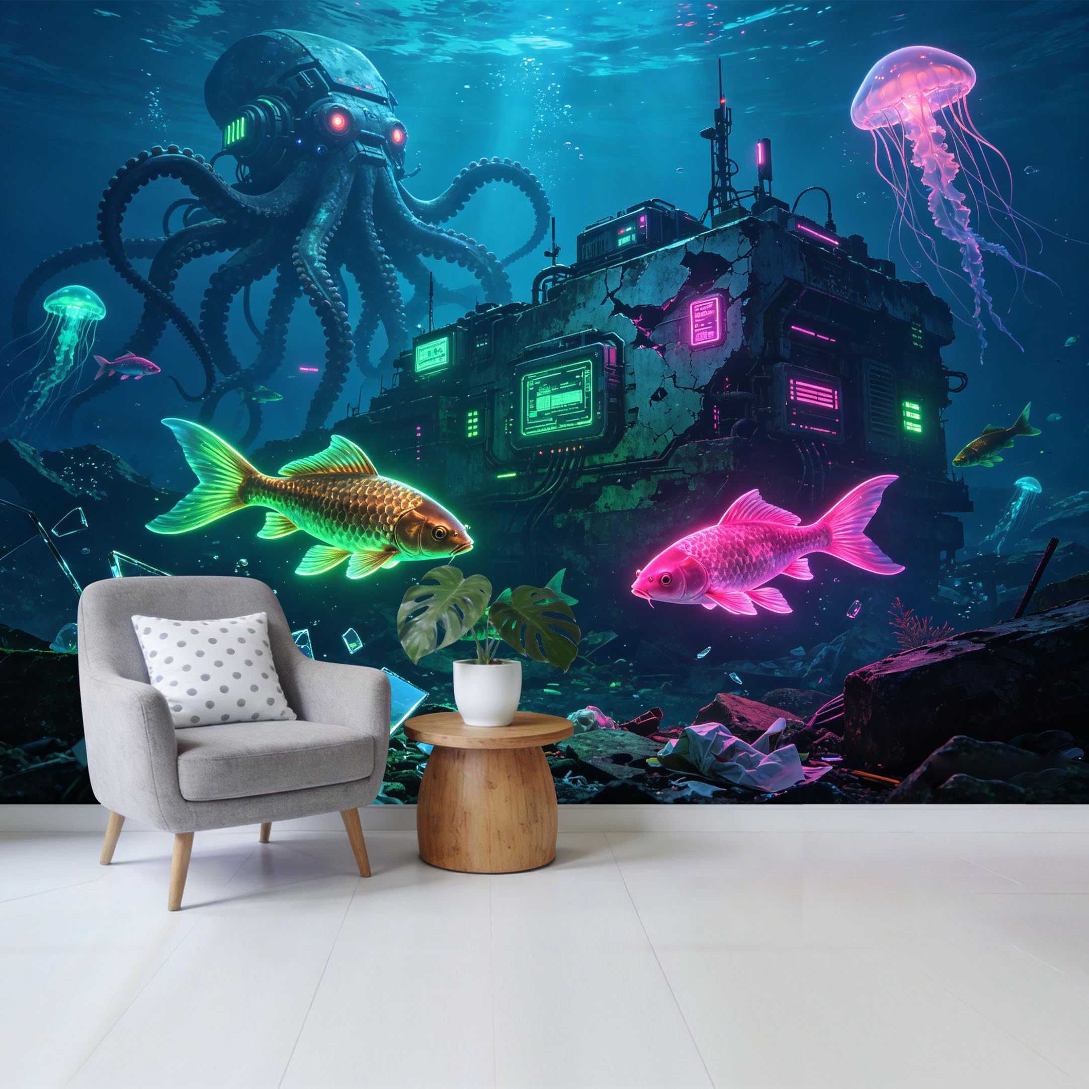 Qzlithotic Yq2605250226 Custom Size Wall Mural Cyberpunk Underwater Octopus Neon Fish Deep Sea Scifi Tech World Selfadhesive Wall Fabric Removable Wallpaper For Home Office Decor