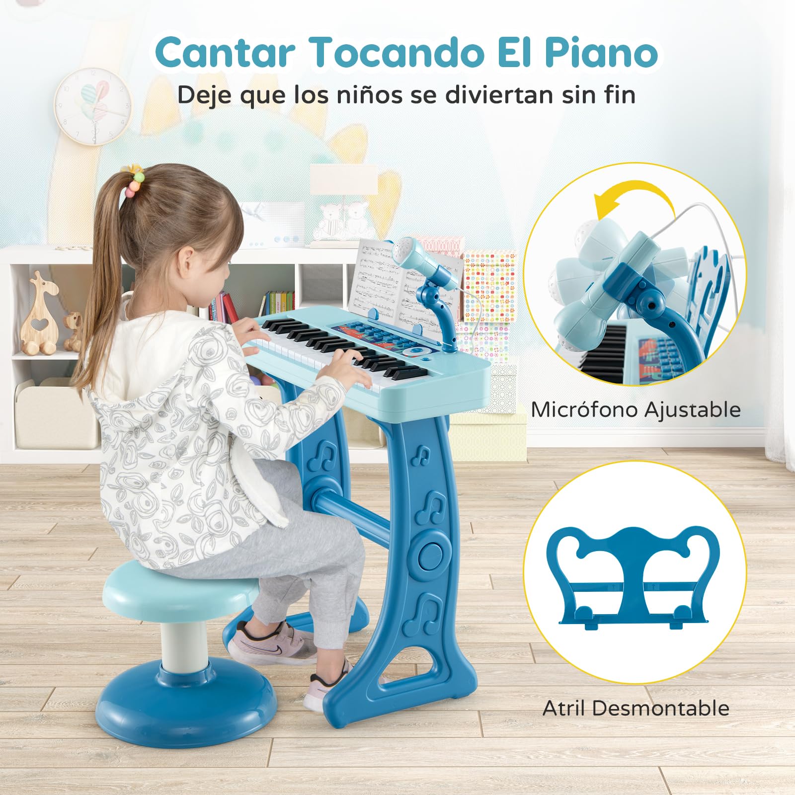 RELAX4LIFE Piano Infantil 37 Teclas con Micrófono, Taburete, Atril, Grabación y Reproducción, Volumen Ajustable, Karaoke Infantil con 22 Canciones, 4 Ritmos, 4 Instrumentos para Niños 3+ Años (Azul)