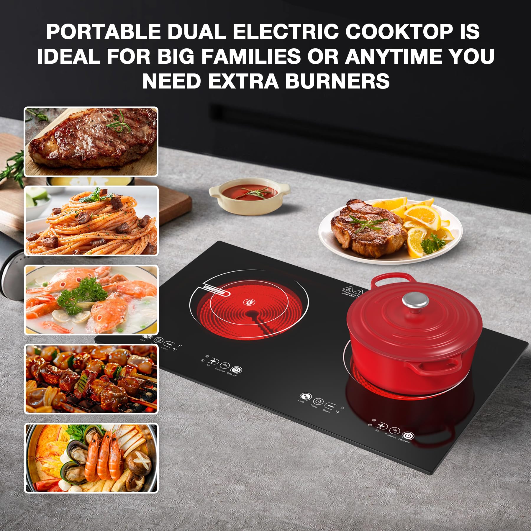 Cocina eléctrica de 2 quemadores, estufa eléctrica de 110 V 2400 W con control táctil, 9 niveles de calefacción, temporizador y seguridad para niños 9
