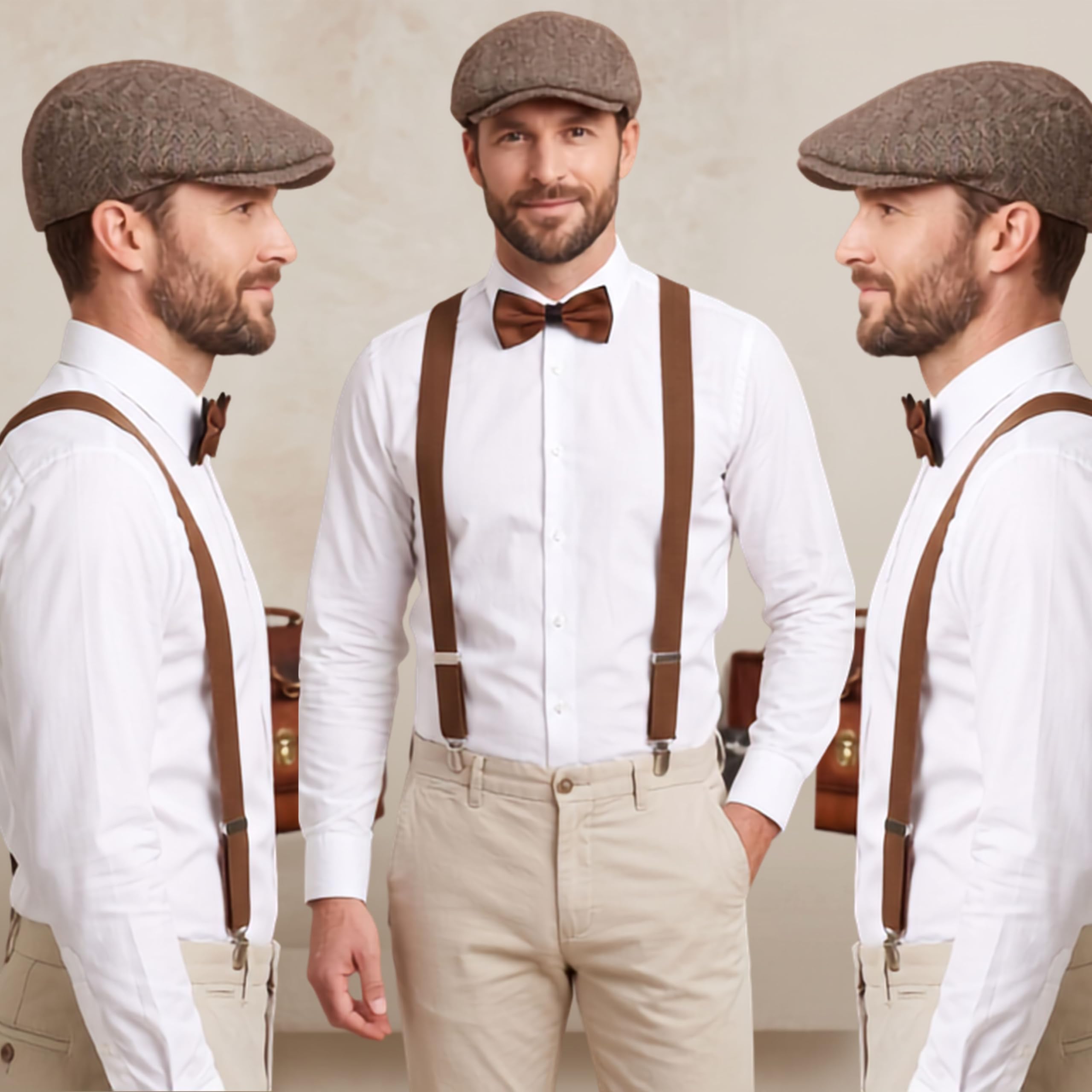 RR DESIGN Men's Vintage Combo Set β Flat Cap, Adjustable Suspenders & Pre-Tied Bow Tie | Newsboy Gatsby Cap | Retro Gentleman Accessories for Wedding, Party, Photoshoot, Costume & Casual Wear 1