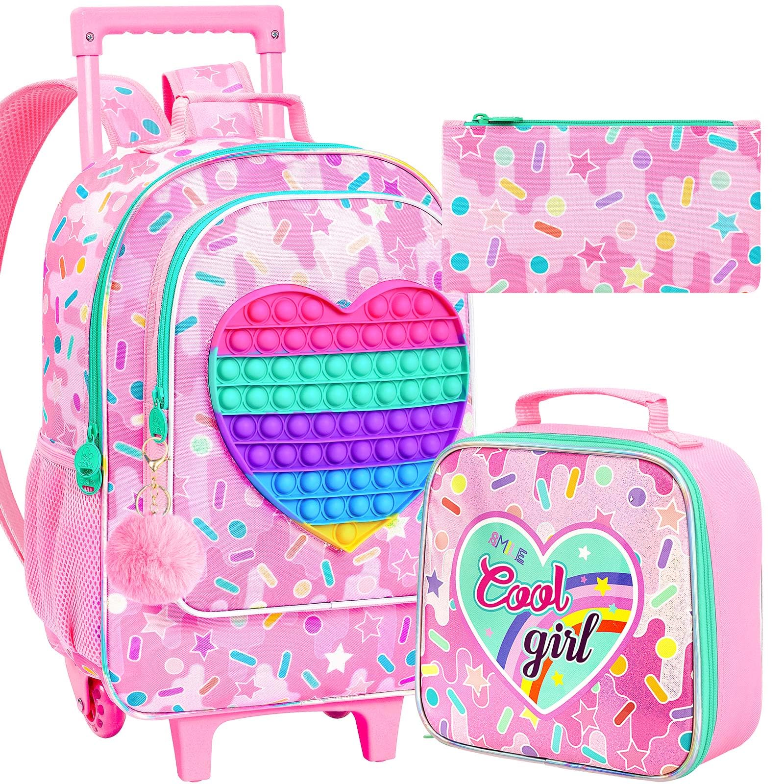 CCJPX 3Pcs Kids Rolling Backpack for Girls, Love Roller Wheeled Bookbag Toddler Elementary School Bag with Wheels (Pink)