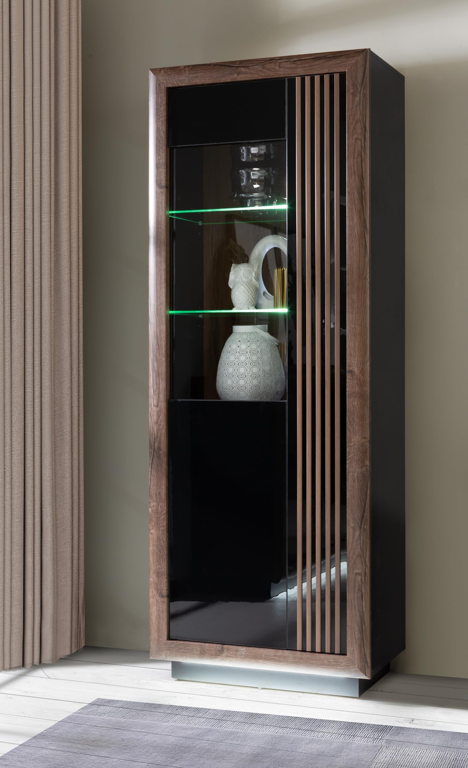 Forte Savona Vitrine L 70 80, Moderne Kommode mit 1 Tür, Sideboard, Holzwerkstoff, Schwarz/Edeleiche/Schwarz Hochglanz, 73,3 cm breit x 197 cm hoch x 42,3 cm tief