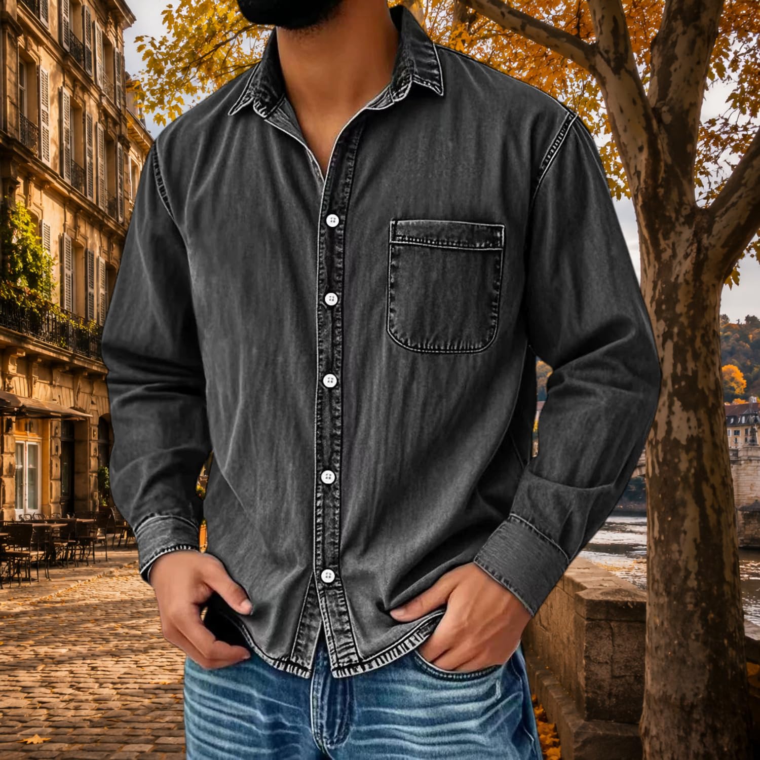 Camicia Da Uomo In Denim Effetto Vintage Lavato, Giacca Stile Oktoberfest Con Tasche, Vestibilità Regolare, Maniche Lunghe, Abbottonatura Frontale, Top Western Per Autunno/Inverno, Da Indossare Tut