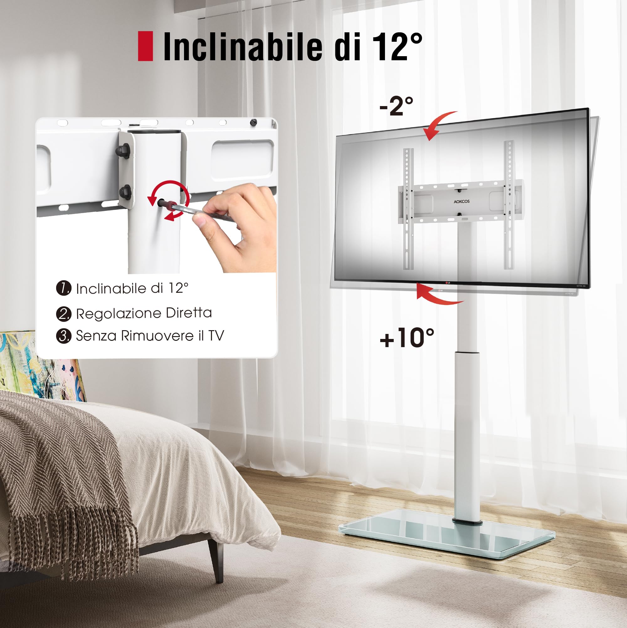 AOKCOS Supporto TV da Pavimento inclinabile per 32-55 65 70 Pollici, Girevole & Altezza Regolazione Mobile Porta TV da Terra, Bianco Max VESA 400x400mm 40kg