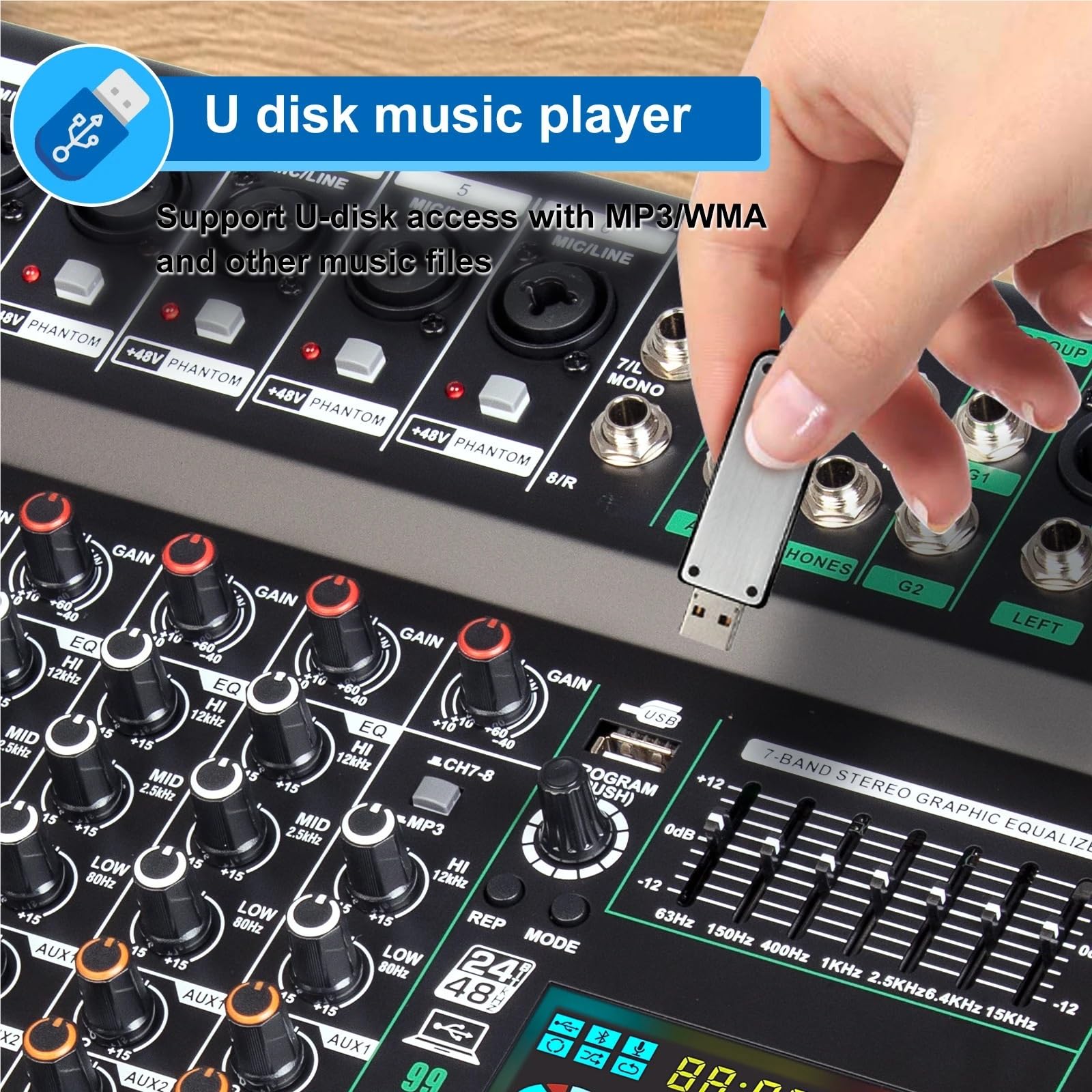 Mezclador de profesional 99 DSP, 8 canales, consola de DJ de doble grupo, alimentación fantasma de 48 V, USB, for escenario, bar y grabación.