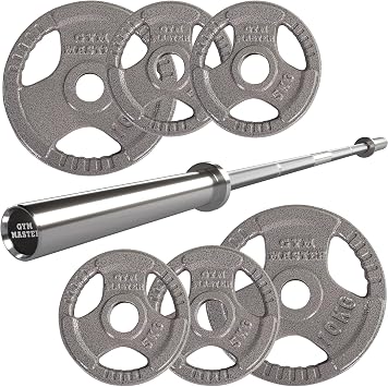 GYM MASTER Olympic 6ft Barbell Bundle with 40kg Tri Grip Cast Iron Weight Set 7 Items