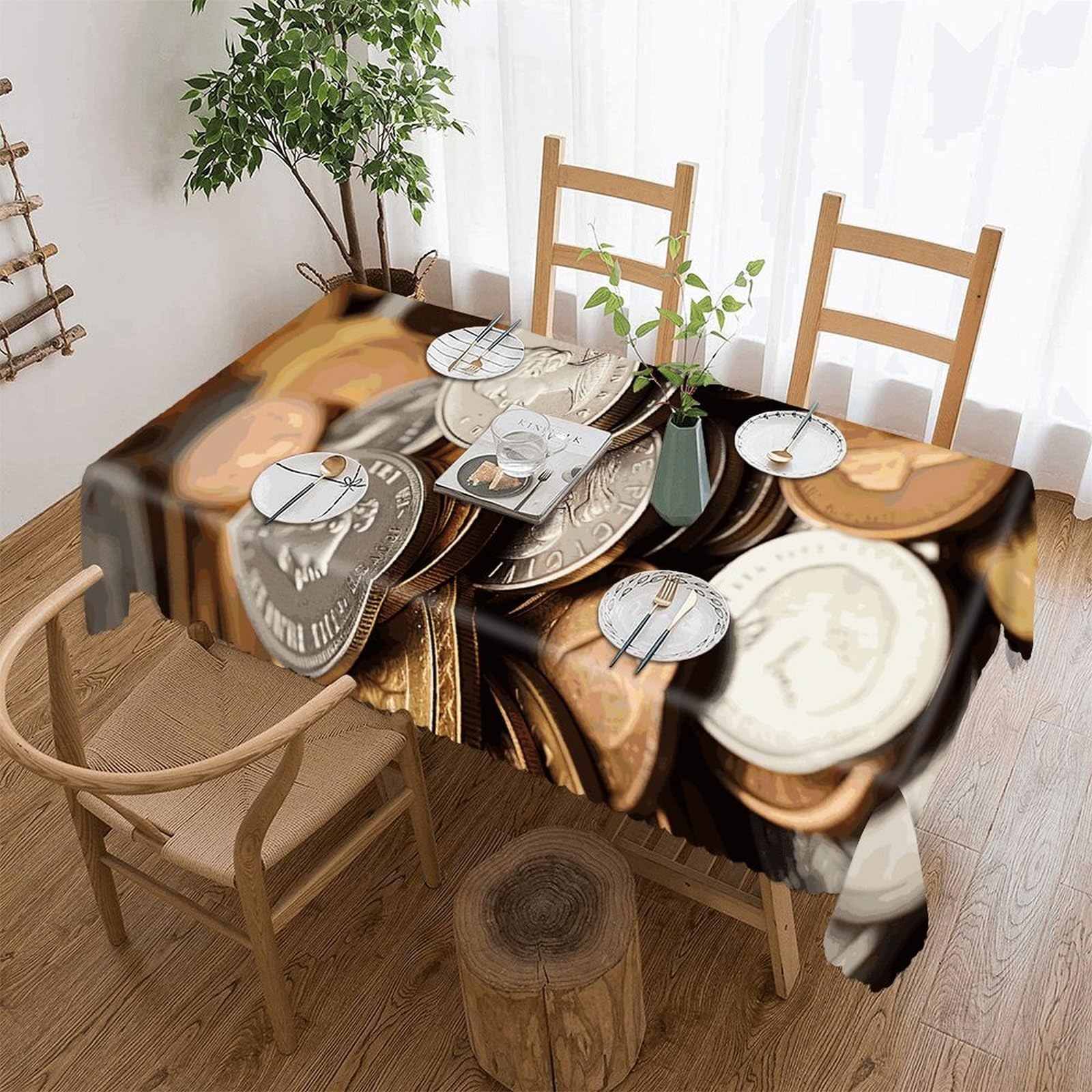 Nappe anti-taches style pièce de monnaie pour de beaux repas sur la table du jardin