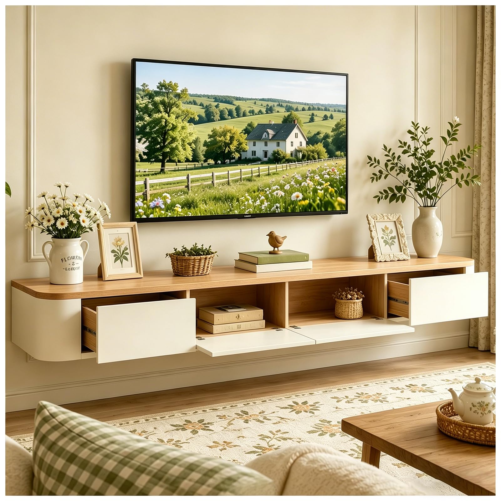 Mobile TV moderno 280 cm Beige e Bianco, Mobile TV basso con 2 cassetti e 2 ante a ribalta, Piano TV sospeso, Gestione dei cavi di alta qualità, Tavolo TV per soggiorno e sala da pranzo