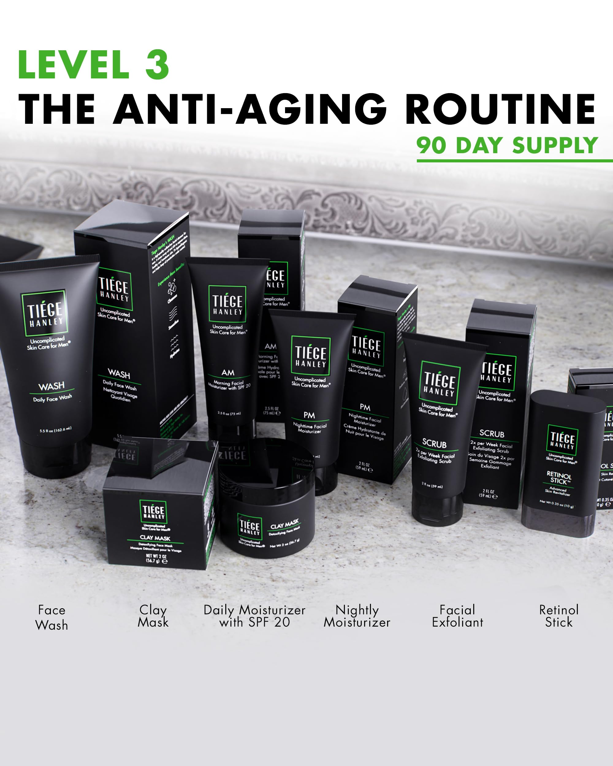 Tiege Hanley 90-Day Large Anti-Aging Skin Care Routine for Men Includes Face Wash Scrub, Moisturizers, Clay Mask, & Retinol Stick - Image 3