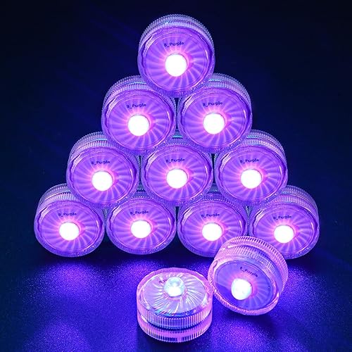 Miniatura 8 de Luces LED sumergibles, color morado, impermeables, sin llama, velas de té, pequeñas luces LED subacuáticas alimentadas por pilas para jarrón,