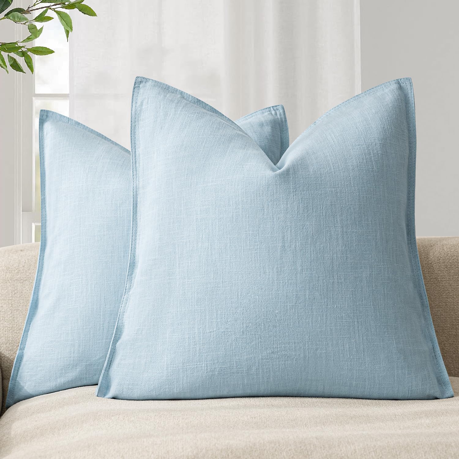 Foindtower Pack of 2, Decorative Linen Soild Throw Pillow Covers Soft Accent Euro Cushion Case Farmhouse Neutral Pillowcase for Chair Couch Sofa Bedroom Living Room Home Decor 24 x 24 Inch Light Blue — image 1