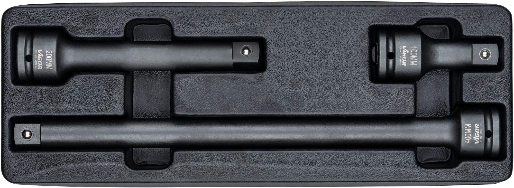 VIGOR Set di prolunghe per avvitatori ad impulsi V5034/3, 3 pezzi, 3/4 pollici quadrati, lunghezze 100 mm, 200 mm, 400 mm, acciaio Cr-Mo'.
