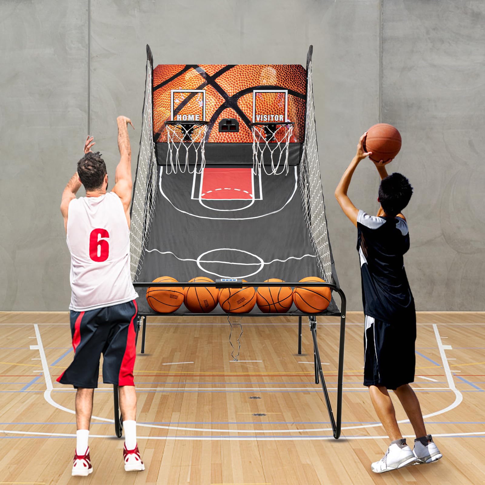 Dual Shot Arcade Basketball Game, 8 Modes Arcade Basketball Game with LED Electronic Scorer Timer Foldable Double Shootout Game 5 Balls for All Players Home Playground Game Halls