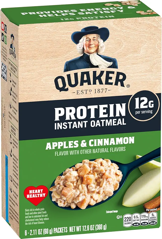 Quaker Protein Instant Oatmeal, Apple Cinnamon, 12g Protein per Serving, Whole Grains, No Artificial Flavors, No Added Colors, 2.11 oz Packets, (6 Pack)