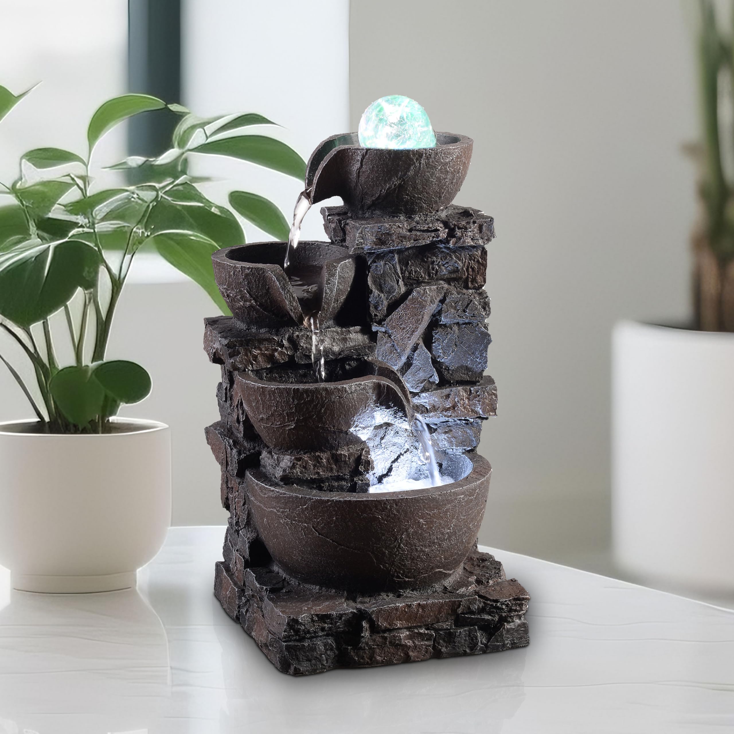 MSEONWXI Indoor Tabletop Fountain with 4-Tier Stone Bowls, Rolling Crystal Ball & LED Lights – Tranquil Waterfall Decor for Home, Office or Zen Space (23066)