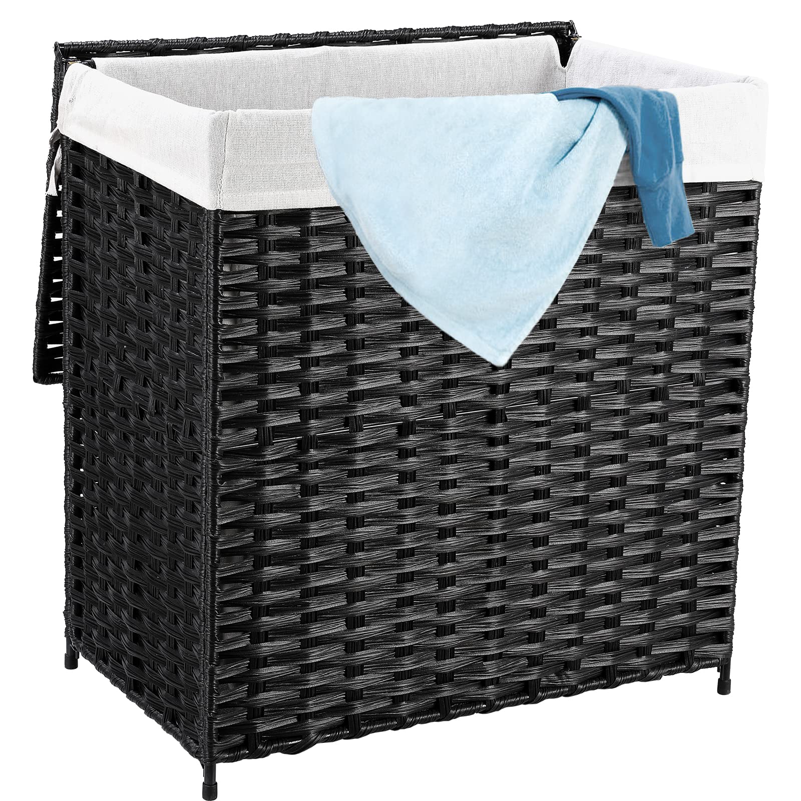 Rattan Laundry Hamper Collapsible with Lid 96L Divided Clothes Hamper, Laundry Basket Hand-Woven Rattan with Removable Liner Bag for Laundry Room, Bedroom