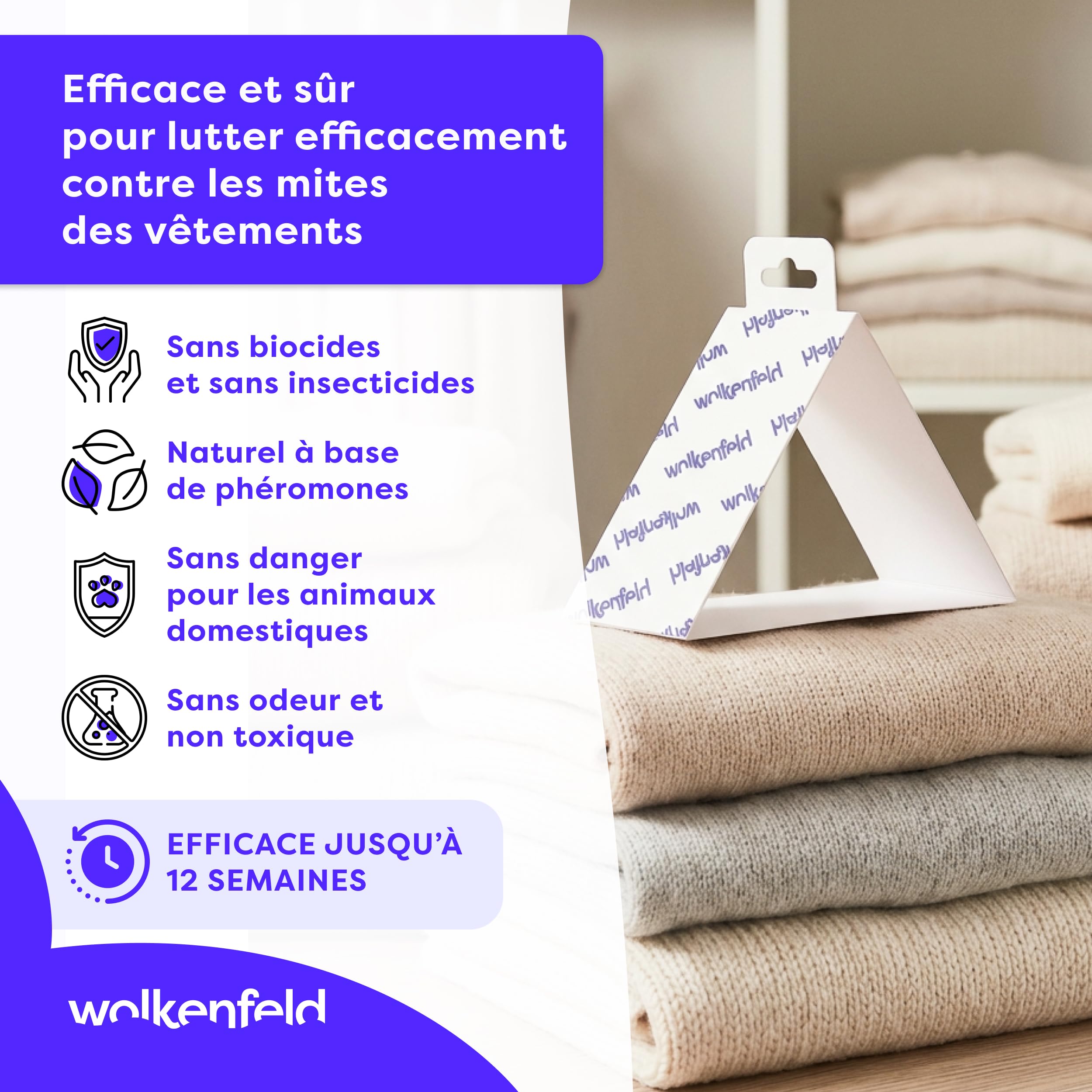Wolkenfeld Anti Mites Textiles Piège à Mites Vêtements Adhésifs 8 Pièges Laine Cachemire 100% Naturel Fabriqué Allemagne