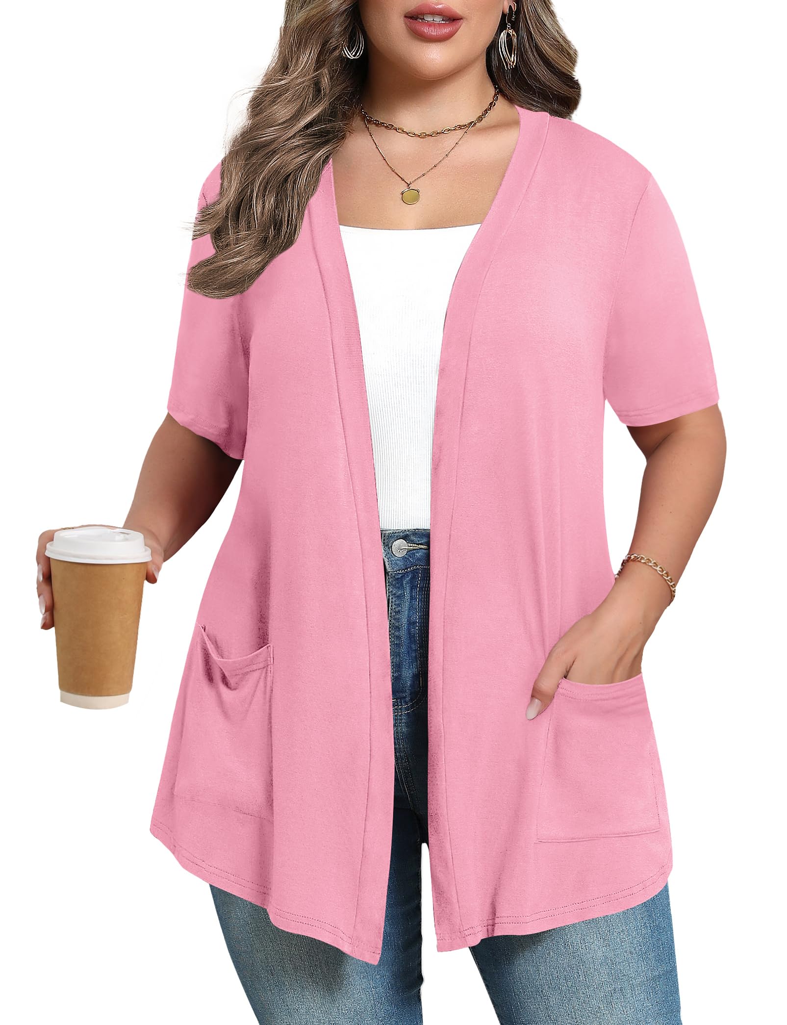 ZHUHOUSE Women's Plus Size Lightweight Long Sleeve Casual Soft Open Front Cardigan Cover ups with Pockets