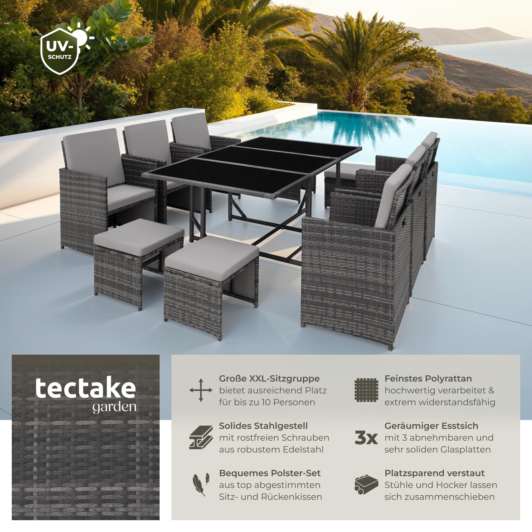 tectake® Outdoor Balkon Gartenmöbel Set, Lounge mit 6 Stühlen, 4 Hocker und 1 Tisch, Poly Rattan Geflecht, wetterfest, platzsparend - grau