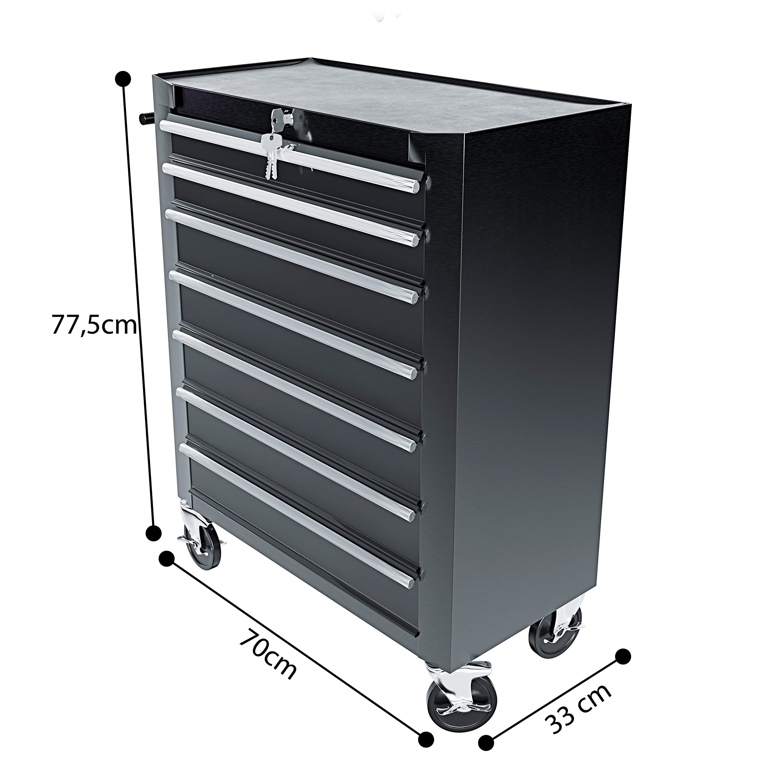 Carrello Da Officina Con 7 Scomparti In Metallo Cassetti Con Serratura Centralizzata Rivestimento Antiscivolo E Ruote Con Freno Di Stazionamento Porta Attrezzi 77.5 x 33 x 70 Cm (Nero)