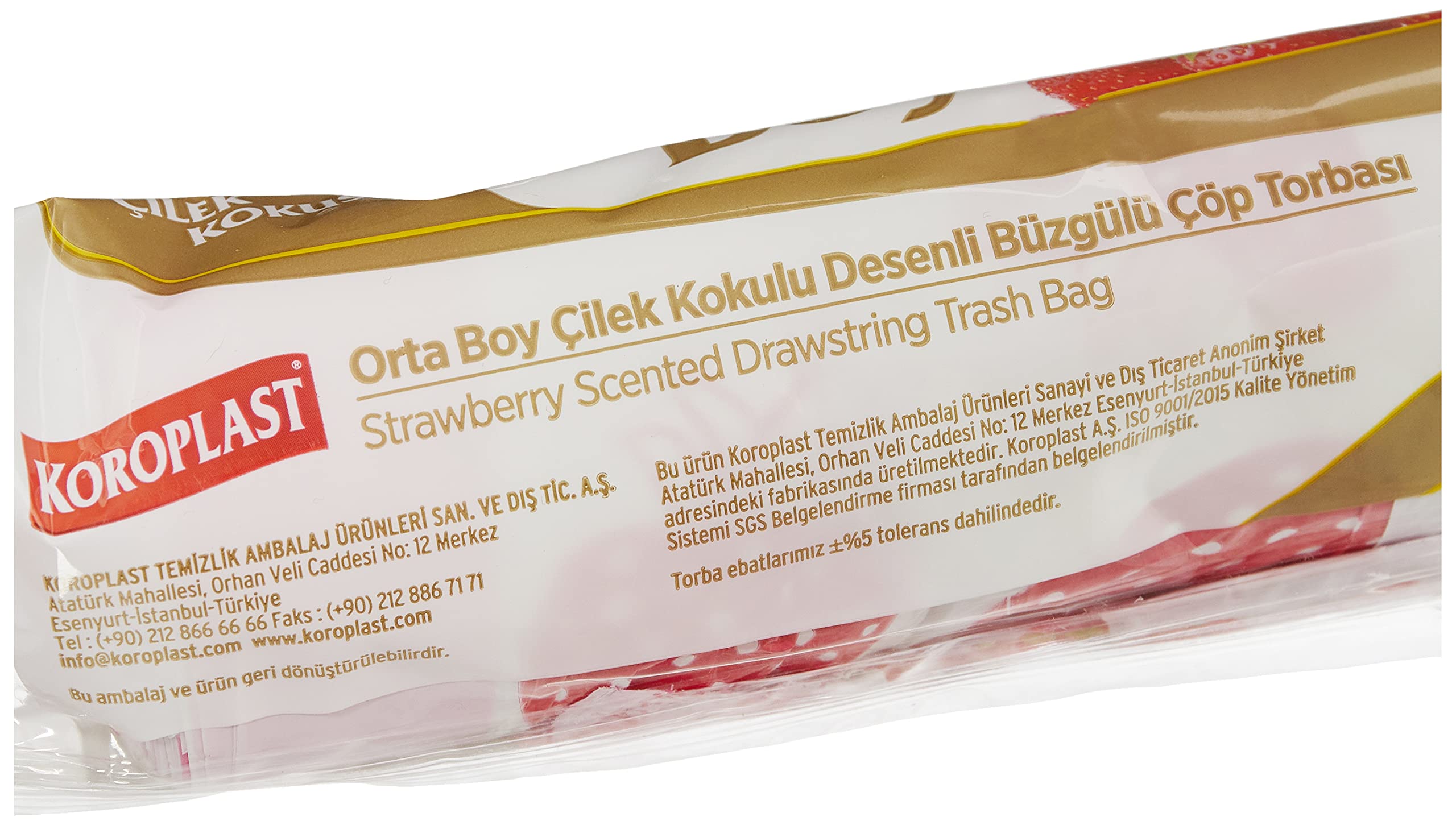 Koroplast Çilek Kokulu Orta Boy Büzgülü Çöp Poşeti 15'li 55x60 cm, Kolay Bağlanır Kokulu Büzgülü Orta Boy Çöp Torbası, Sızdırmaz, Yırtılmaz, Geri Dönüştürülebilir Atık Torbası, Ekstra Güçlü Çöp Poşeti