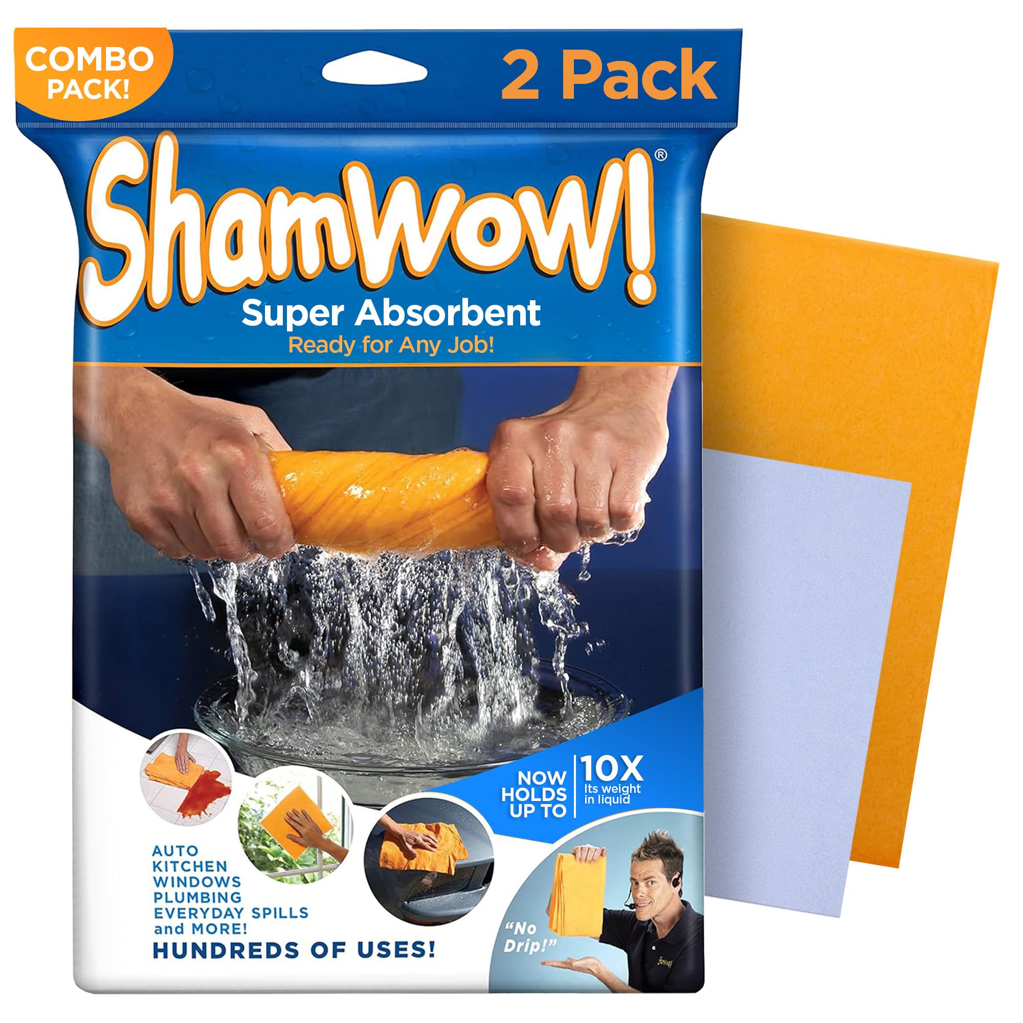 The Original Shamwow - Super Absorbent Multi-Purpose Cleaning Shammy Chamois Towel Cloth - Holds 10X its Weight in Liquid - Machine Washable - Will Not Scratch (2 Pack: 1 Large Orange & 1 Small Blue)