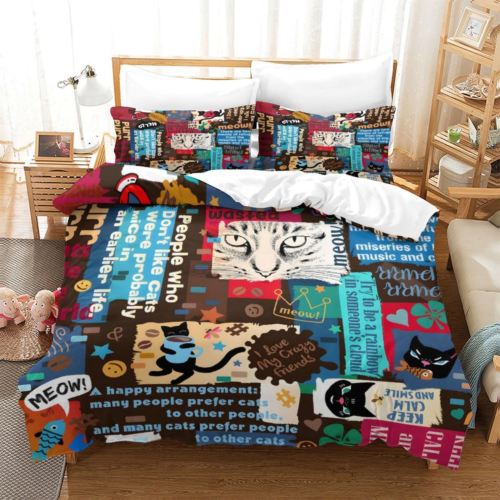 Parure de lit motif café à chats housse de couette 260x220cm