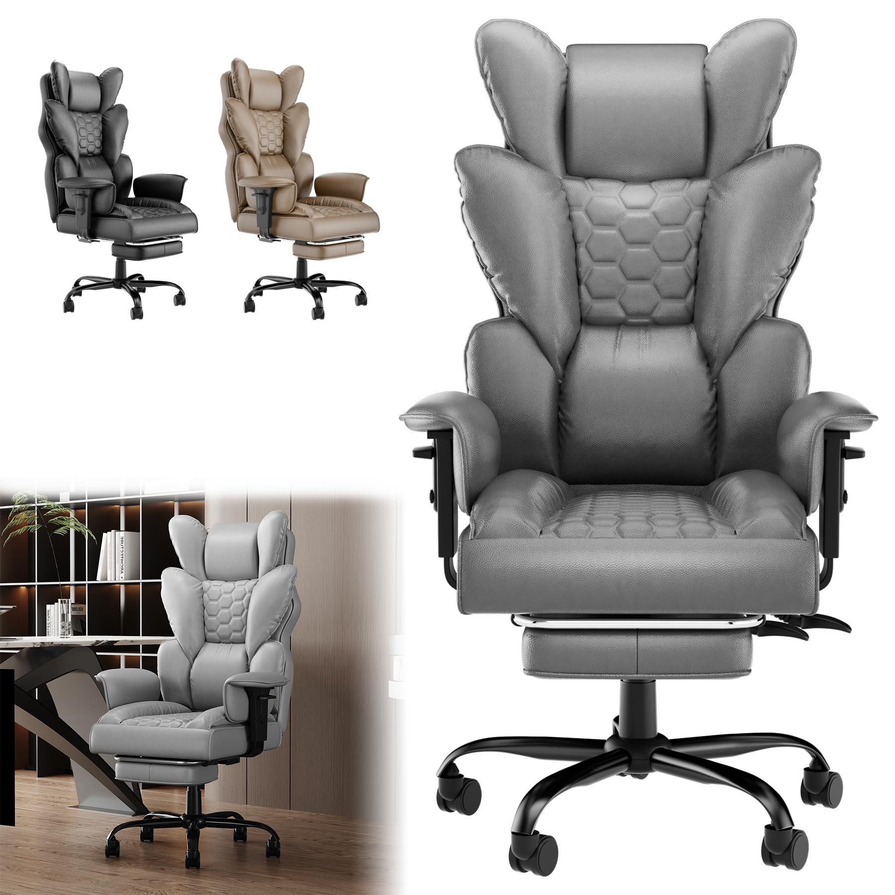 ACXIN Ergonomischer Chefsessel Bürostuhl PU-Leder mit hoher Rückenlehne, 150° verstellbar, verstellbare Armlehnen & Fußstütze für Büro, Homeoffice & Gaming (Grau, Belastbarkeit 150 kg)