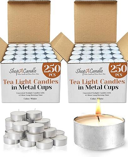 PARNOO - Velas de té en tazas de metal, 4.5 horas limpias, velas de té blancas sin perfume de larga duración, 500 velas, velas votivas a granel para
