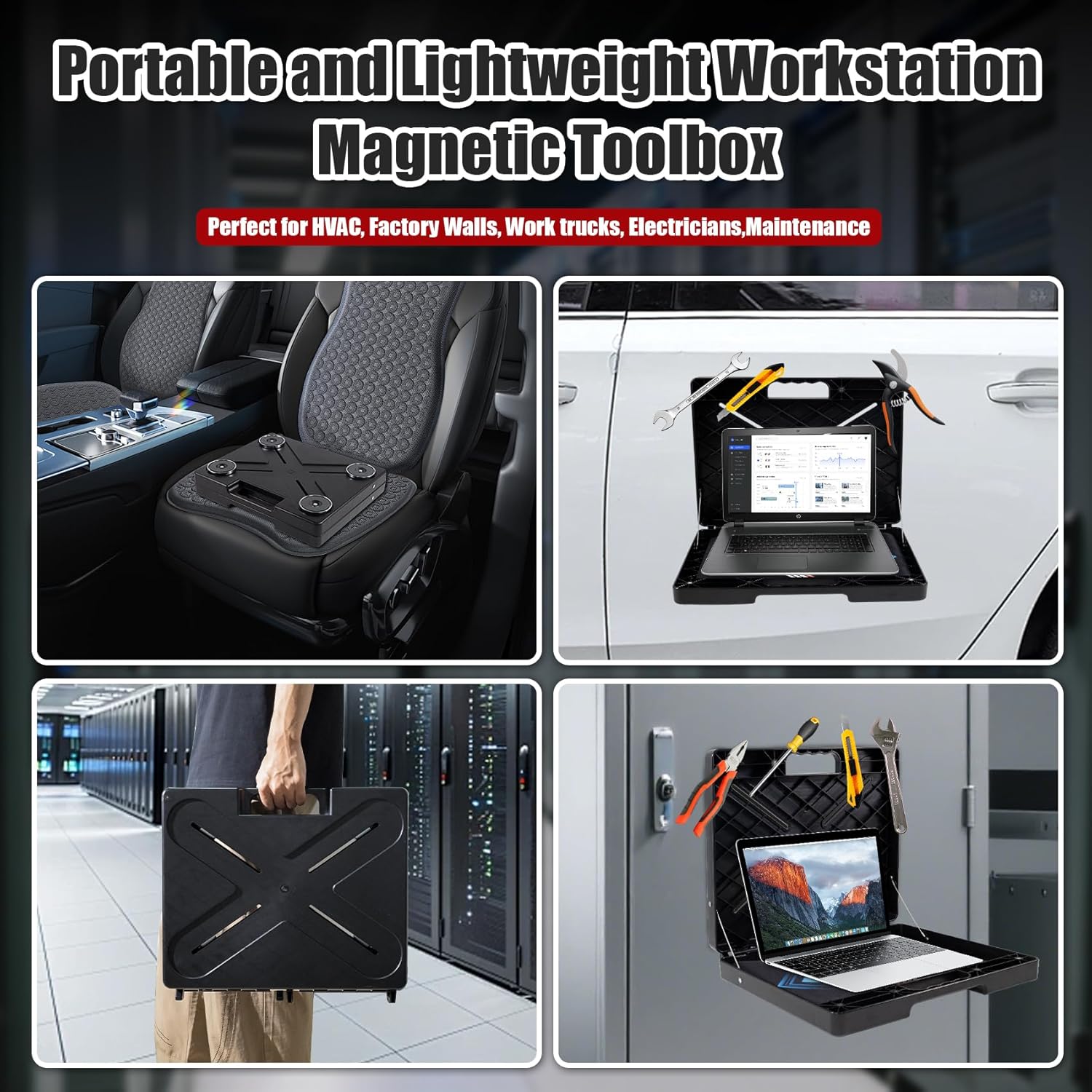 Magnetic Laptop Stand, Portable Workstation with 4 Super Magnets, Rated to 45 lbs, Magnetic Toolbox, Hands Free Workstation, Attach to HVAC, Trucks, Walls, Poles etc